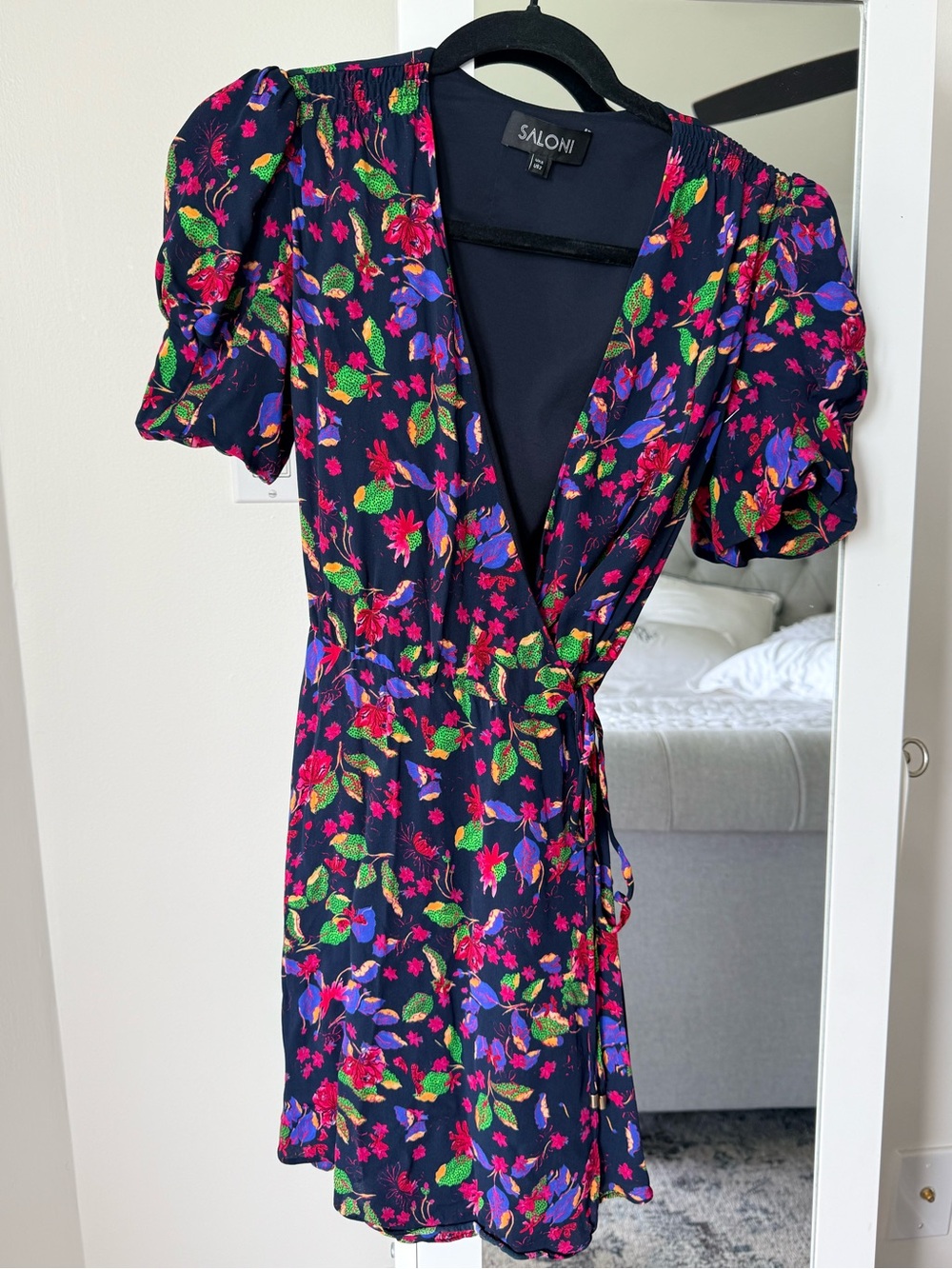 SALONI Navy Wrap Dress with Bright Floral Print